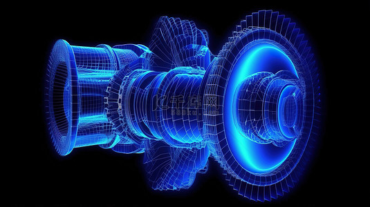 形成燃气涡轮发动机模型的蓝色粒子和线条的令人惊叹的 3D 渲染