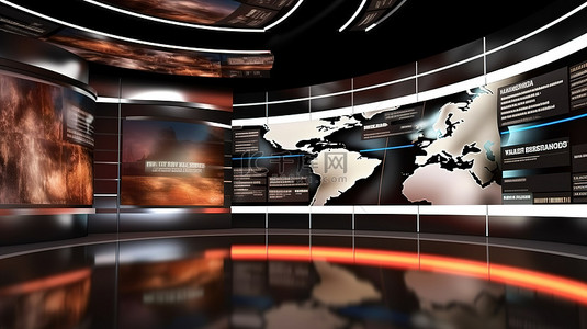 3d演播室背景图片_革命性的全球商业和科技新闻概念，带有 3D 渲染的电视或播客突发新闻模板