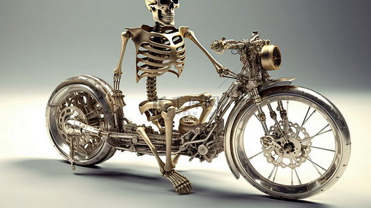 蒸汽朋克摩托车前面有一个孤立的 3D 渲染闪亮金属骨架