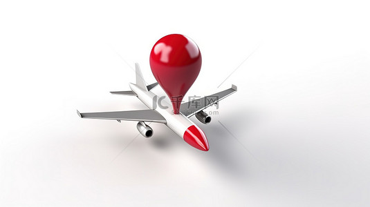 机场导航概念 3D 渲染飞机和白色背景上的图钉图标