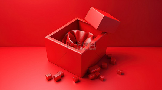 红色背景下打开的红色礼品盒的垂直 3D 渲染