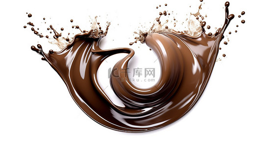 3D 插图渲染孤立的黑巧克力漩涡和液体飞溅，用于白色背景上的设计目的