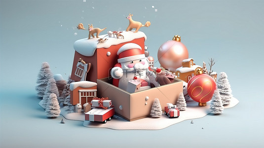 新年包装背景图片_未包装的礼品盒，配有圣诞老人和节日圣诞节装饰品，祝您圣诞快乐，新年快乐 3d