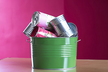 金属罐堆放在粉红色罐回收箱内