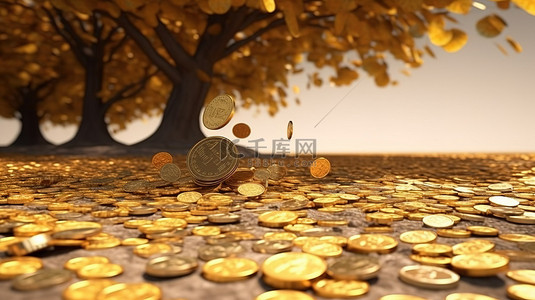 一棵孤零零的摇钱树的视觉描绘，上面洒满金币，代表投资财富的概念