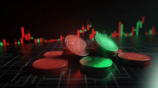 红色数据分析背景图片_股票市场数据分析 3d 渲染极简主义交易图与红色和绿色背景的硬币