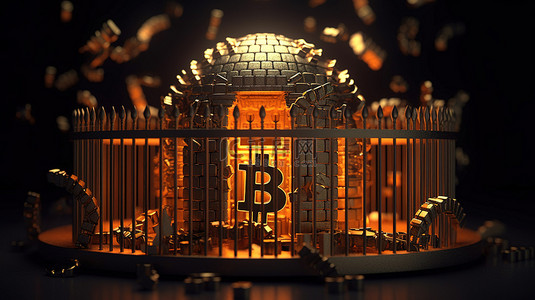 黑金金币背景图片_比特币禁闭对其自由受阻的 3D 描述