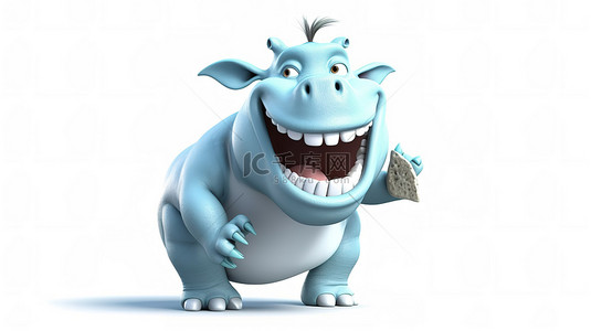 机智的 3D 犀牛，笑容满面，手里拿着一颗大牙齿
