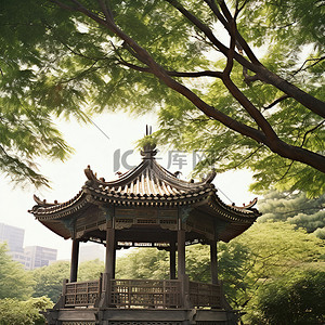 凉亭背景图片_坐在树下的中国木制凉亭