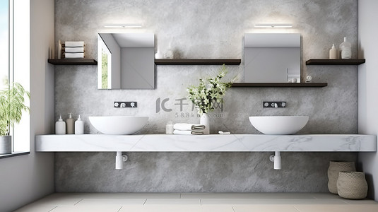 石质洗脸盆浴室盥洗台采用当代白色设计 3D 渲染