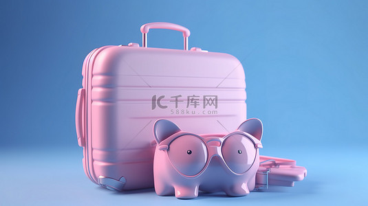 手提箱背景图片_带眼镜的粉红色手提箱和 3d 渲染的存钱罐独自站在蓝色背景中