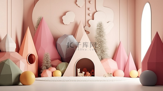 卡通儿童卧室背景图片_3d 创建的儿童游戏室的抽象几何背景