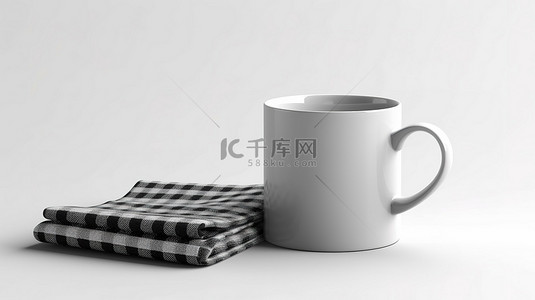 杯垫背景图片_空白模板样机风格传统的白色杯子和白色背景上的织物杯垫，非常适合定制 3D 渲染