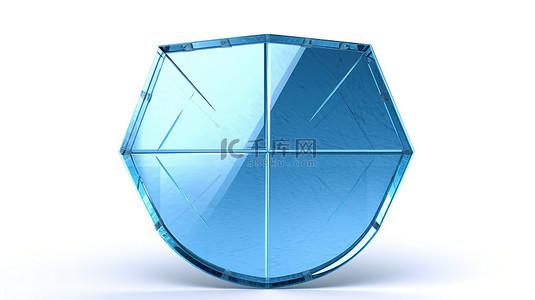 安全用电贴士背景图片_3D 渲染蓝色玻璃盾，用于在白色背景上隔离的保护和安全