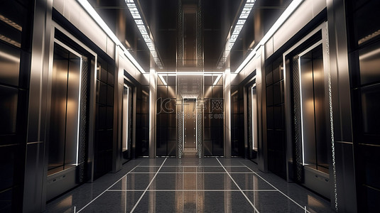 电梯门厅背景图片_现代商务酒店豪华钢制电梯电梯大堂 3D 渲染