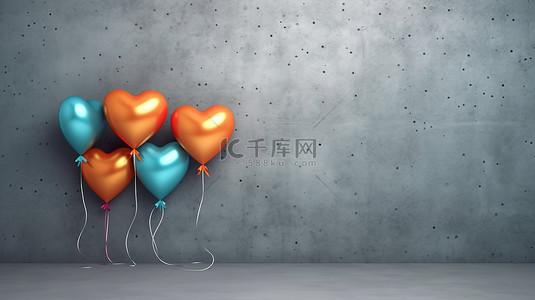 快乐的心形气球，色彩鲜艳，在蓝色混凝土背景水平横幅 3D 渲染上庆祝新年