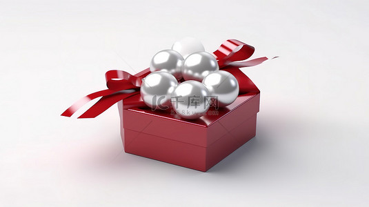 白色背景上带有闪闪发光的天然白海珍珠的红色礼品盒的 3D 渲染