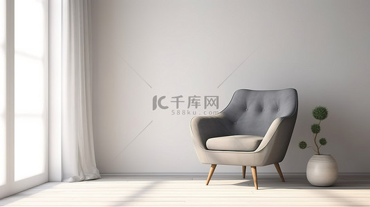 房间空墙背景图片_在室内环境中装饰空墙的织物扶手椅的 3d 渲染