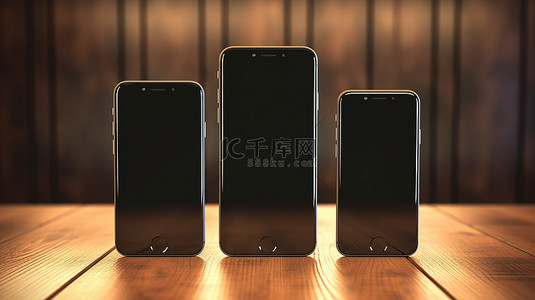 iphone三视图背景图片_木桌背景上带有空白屏幕的黑色智能手机的真实 3D 渲染高细节焦点