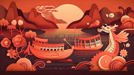 端午节中国传统节日背景图片_端午节吉祥物龙舟红色剪纸