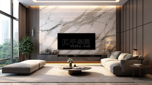 大理石墙样机背景图片_优雅的 3D 客厅渲染，配有豪华大理石墙和时尚的电视柜