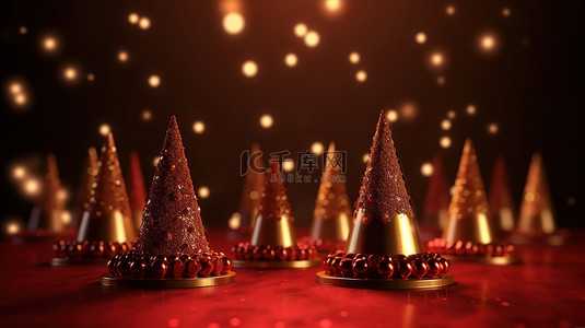 效果圣诞树背景图片_金色讲台和节日圣诞树在 3d 中呈现闪闪发光的散景效果