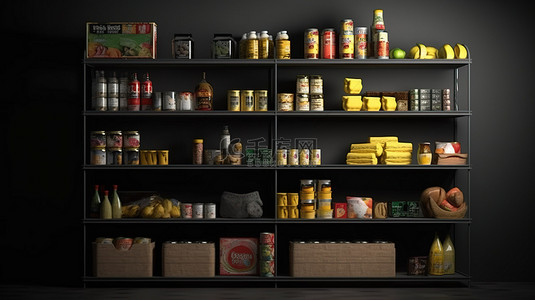 产品下架背景图片_黑色背景下超市货架的 3D 渲染，用于产品展示