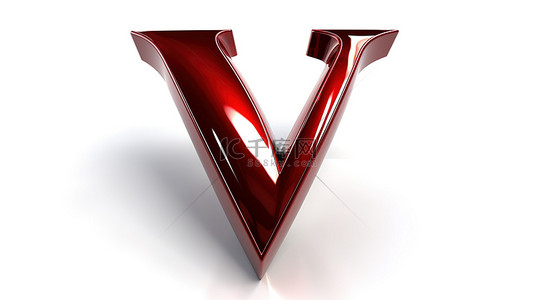 白色背景中的小写“v”字母 3d 渲染的红色汽车油漆字体，具有闪亮的金属饰面