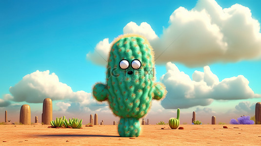 云背景沙漠景观中卡通仙人掌角色的 3D 插图模型