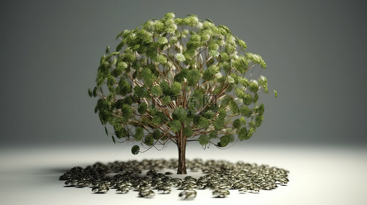 通过 3d 呈现的树植物硬币为银行或银行业务描绘的货币增长概念