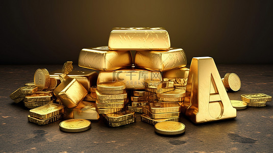 金条背景图片_有价值的商品金条硬币和石柱上的 au 刻字的 3D 插图