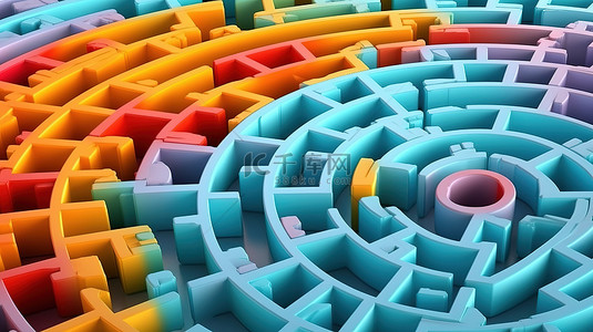 柔和的蓝色背景上彩色迷宫的 3D 渲染