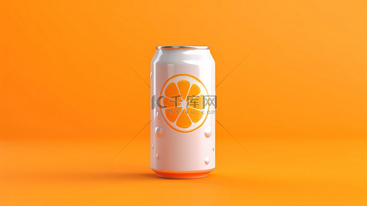橙色背景，带有 3D 渲染的白色汽水罐，采用时尚的平面色彩设计