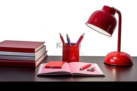 书概念背景图片_小红书笔记本铅笔灯和笔架并排