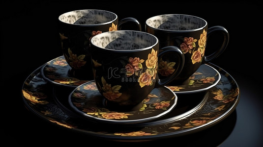 花卉图案咖啡杯套装，配以传统中国黑咖啡，令人印象深刻的 3D 渲染