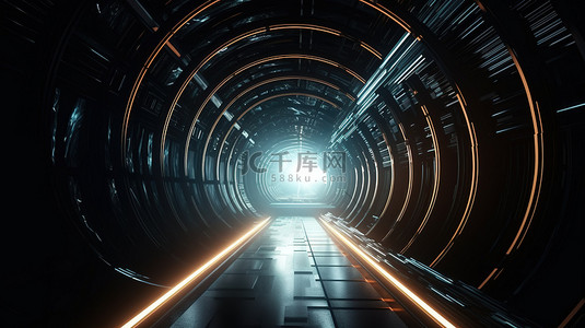 带有发光灯和高速隧道的未来外星虫洞的 3D 渲染