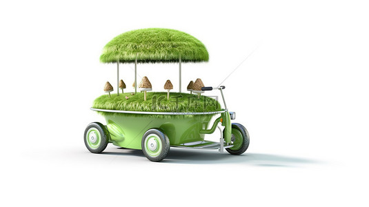 白色背景下郁郁葱葱的圆形绿草上栖息着一辆冰淇淋车的 3D 渲染