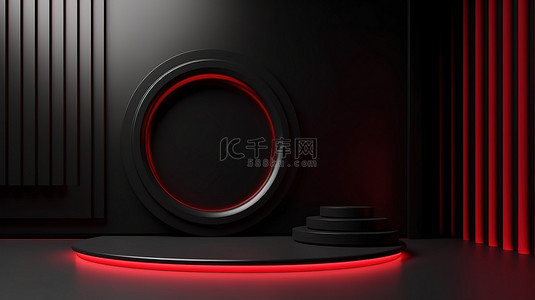 红色的墙背景图片_带有黑色背景和红色圆圈墙的 3d 渲染舞台讲台非常适合产品展示和演示