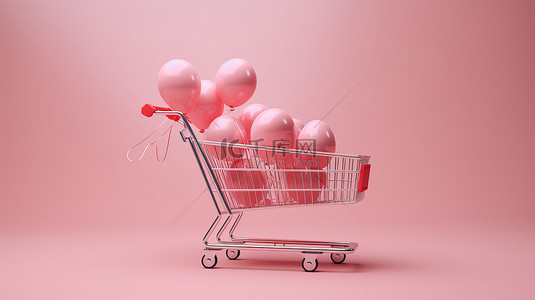 情人节销售概念，采用最小风格的独立粉色购物车，气球漂浮在柔和的背景 3D 渲染上