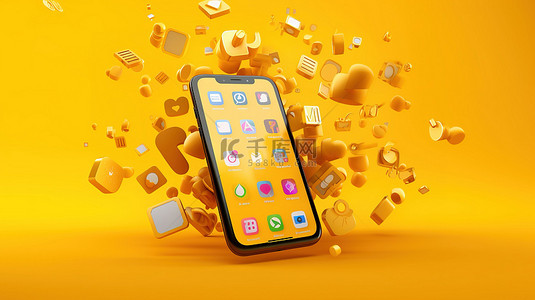 黄色背景下电话和社交媒体图标模型的 3D 渲染