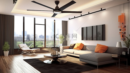 空调背景背景图片_带空调的现代公寓内部的 3D 渲染
