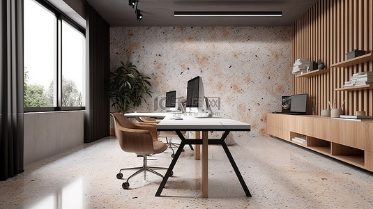 现代办公室配有水磨石墙和别致的彩绘铝制家具