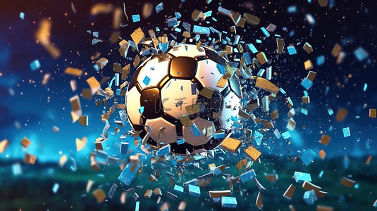霓虹灯 3D 插图中破碎的足球