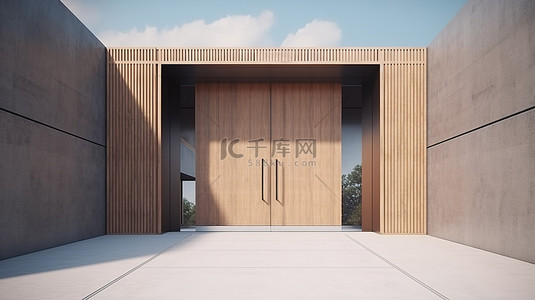 现代混凝土结构，以 3D 形式的宏伟木制入口门为特色