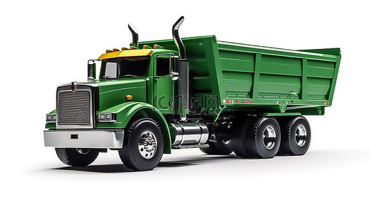 白色背景的 3D 插图，包括一辆宽敞的绿色美国卡车，配有拖车式自卸卡车，用于运输散装货物