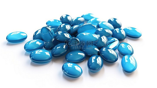 水果背景蓝色背景图片_白色背景与蓝色巧克力糖果宝石的 3D 插图