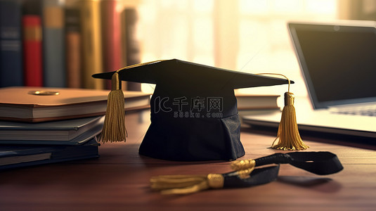 在线学习和高等教育笔记本电脑键盘，带黑色毕业帽 3D 渲染