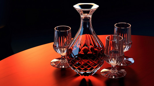 3D 渲染酒具玻璃水晶醒酒器红酒和两个酒杯