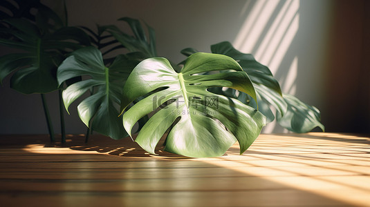 绿叶桌面背景图片_空木桌面，有龟背竹植物叶子和充满活力的 3D 阴影
