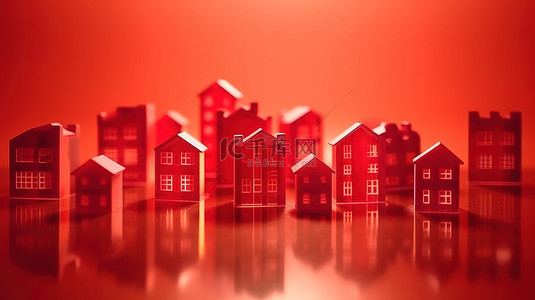 孤立的红色背景与一组模糊房屋的 3D 插图